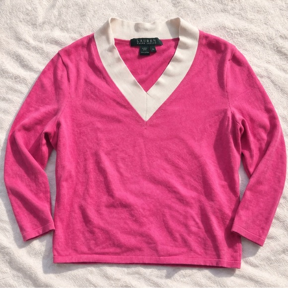 Lauren Ralph Lauren Tops - LAUREN Ralph Lauren Pink V-Neck Sweater with Cream Trim XL